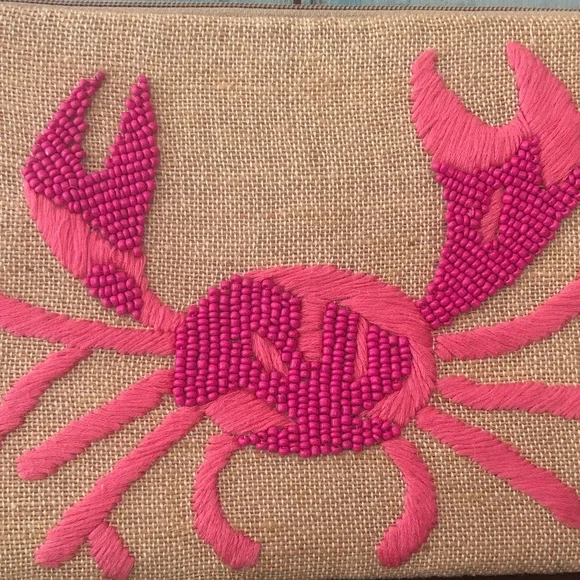 Beaded 2-tone pink crab on tan-colored linen-like fabric clutch bag by Spartina - Picture 9 of 11
